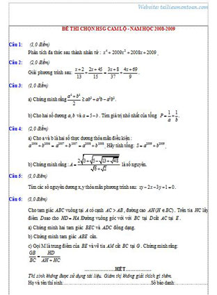 Đề thi học sinh giỏi môn toán lớp 9 huyện Cam Lộ năm 2008-2009