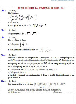 Đề thi học sinh giỏi huyện môn toán lớp 9