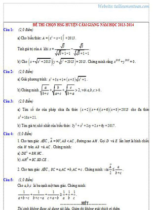 Đề thi học sinh giỏi toán lớp 9 huyện Cẩm Giàng năm 2013-2014