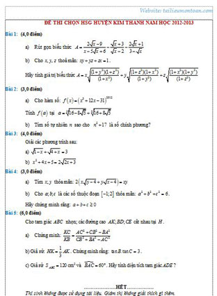 Đề thi học sinh giỏi toán lớp 9 huyện Kim Thành năm 2012-2013
