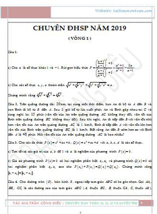 Đề toán vào chuyên Sư phạm Hà Nội vòng 1 năm 2019-2020