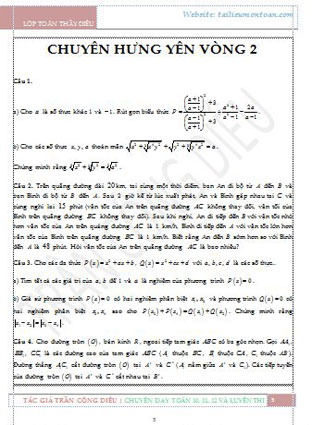 Đề toán vào lớp  10 chuyên Hưng Yên vòng 2 năm 2019-2020