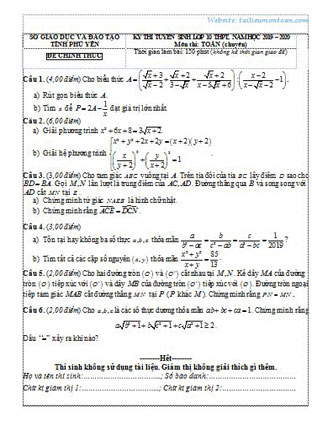 Đề vào 10 chuyên toán Phú Yên năm 2019-2020