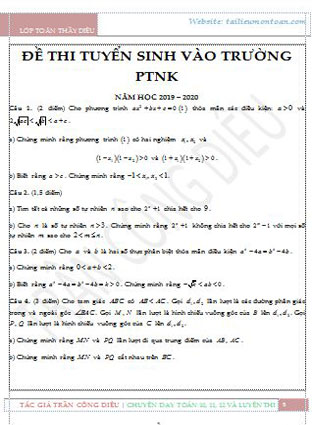 Đề toán lớp 10 Chuyên toán PTNH Hồ Chí Minh năm 2019-2020