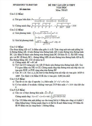 Đề toán vào lớp 10 tỉnh Hưng Yên năm học 2019-2020