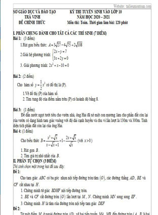 Đề toán vào lớp 10 tỉnh Trà Vinh năm 2020