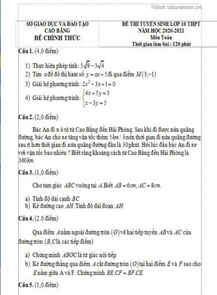 Đề toán vào lớp 10 tỉnh Cao Bằng năm 2020