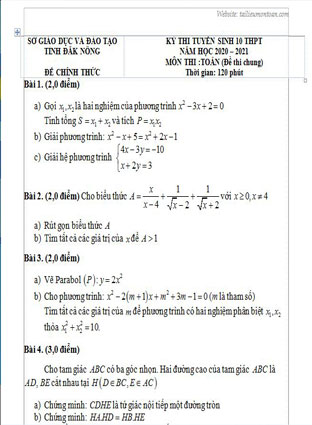 Đề toán vào lớp 10 tỉnh Đăk Nông năm 2020