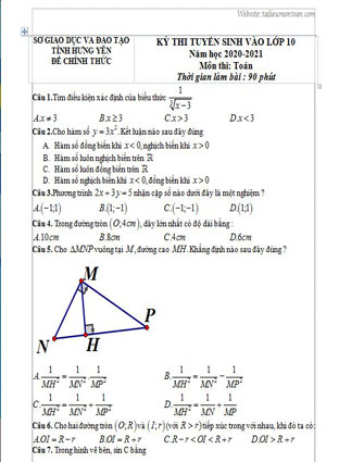 Đề toán vào lớp 10 tỉnh Hưng Yên năm 2020
