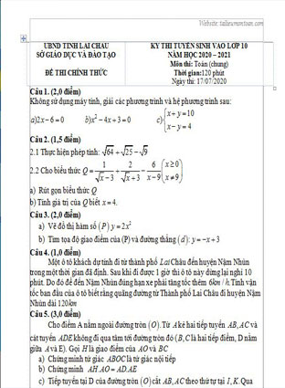 Đề toán vào lớp 10 tỉnh Lai Châu năm 2020