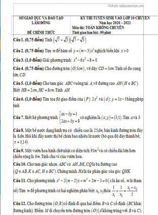 Đề toán vào lớp 10 tỉnh Lâm Đồng năm 2020
