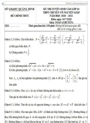 Đề toán vào 10 chuyên toán Võ Nguyên Giáp năm 2020