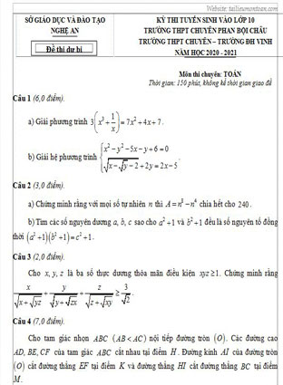 Đề toán dự bị vào lớp 10 Chuyên Nghệ An năm 2020