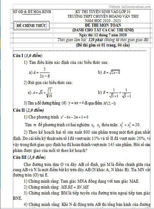 Đề toán vào lớp 10 chuyên Hòa Bình năm 2020