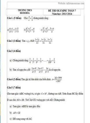 Đề thi học sinh giỏi toán lớp 7 trường Bích Hòa năm 2013-2014