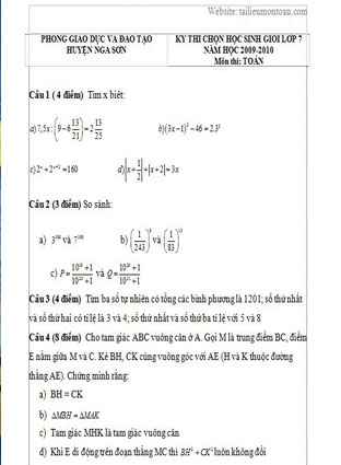 Đề thi học sinh giỏi toán lớp 7 huyện Nga Sơn năm 2009-2010