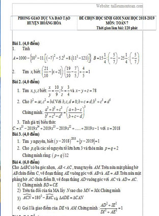 Đề học thi học sinh giỏi toán lớp 7 huyện hoằng hóa năm 2018-2019