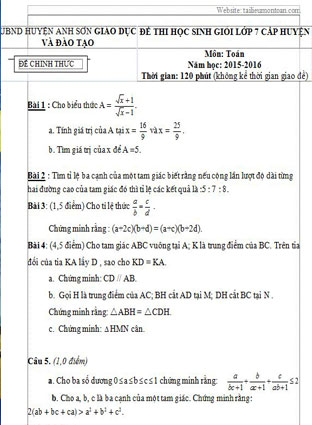 Đề thi học sinh giỏi toán lớp 7 huyện Kim Sơn năm 2015-2016