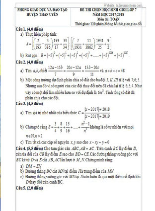 Đề thi học sinh gioi lớp 7 môn toán huyên Thanh Uyen năm 2017-2018
