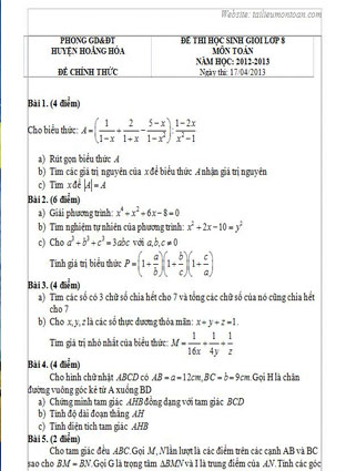 Đề thi học sinh giỏi toán lớp 8 huyện Hoằng Hóa năm 2012-2013