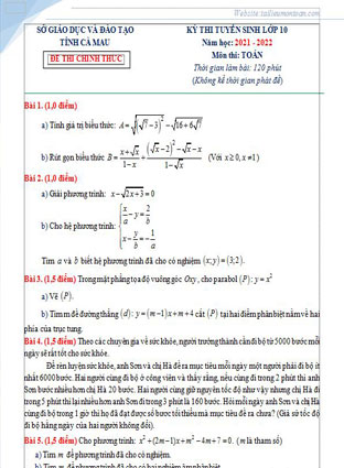 Đề toán vào lớp 10 tỉnh Cà Mau năm 2021