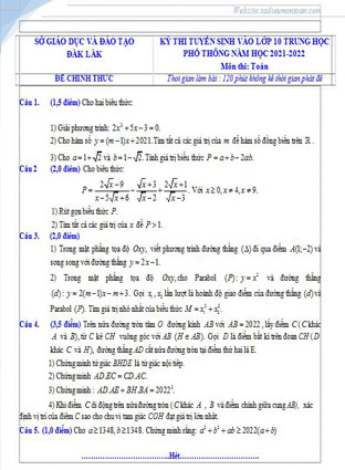 Đề toán vào lớp 10 tỉnh Đăk Lăk năm 2021