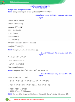 Các bài toán nâng cao sử dụng đồng dư thức lớp 6