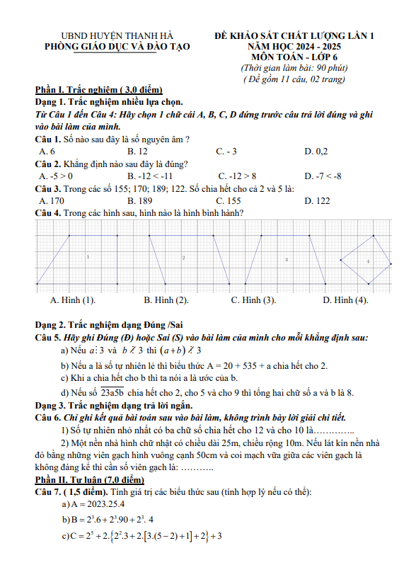 Đề khảo sát lần 1 huyện Thanh Hà Hải Dương năm 2024-2025