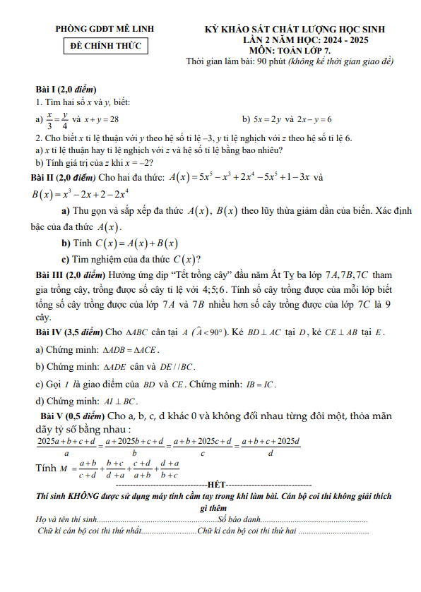 Đề khảo sát lần 2 toán 7 phòng giáo dục Mê Linh