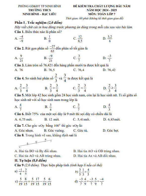 Đề khảo sát toán 7 trường THCS Ninh Bình 
