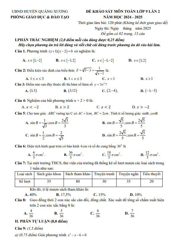 Đề khảo sát Toán 9 lần 2 năm 2024 – 2025 phòng GD&ĐT Quảng Xương – Thanh Hóa