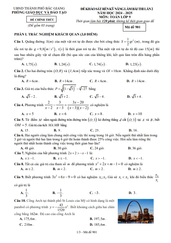 Đề khảo sát lần 2 Toán 9 năm 2024 – 2025 phòng GD&ĐT thành phố Bắc Giang