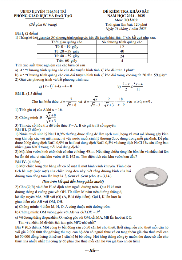 Đề khảo sát tháng 1 Toán 9 năm 2024 – 2025 phòng GD&ĐT Thanh Trì – Hà Nội