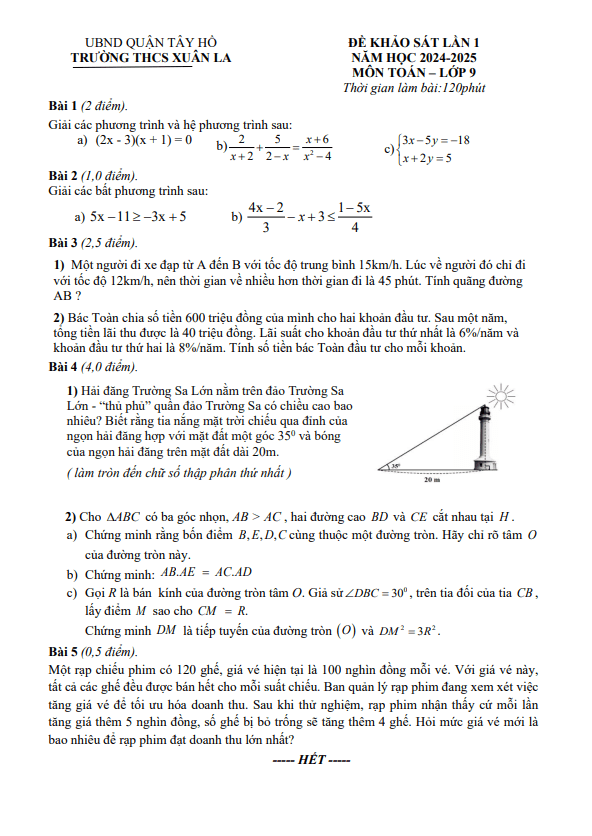 Đề khảo sát lần 1 Toán 9 năm 2024 – 2025 trường THCS Xuân La – Hà Nội