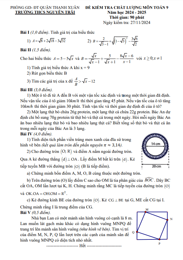 Đề kiểm tra Toán 9 năm 2024 – 2025 trường THCS Nguyễn Trãi – Hà Nội