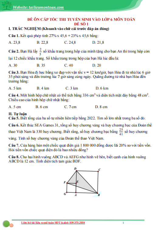 Bộ đề toán ôn thi vào lớp 6